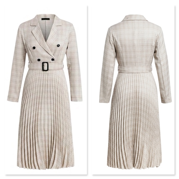 Plaid Beige Pleated Double Breasted Midi Dress - Picture 5 of 8